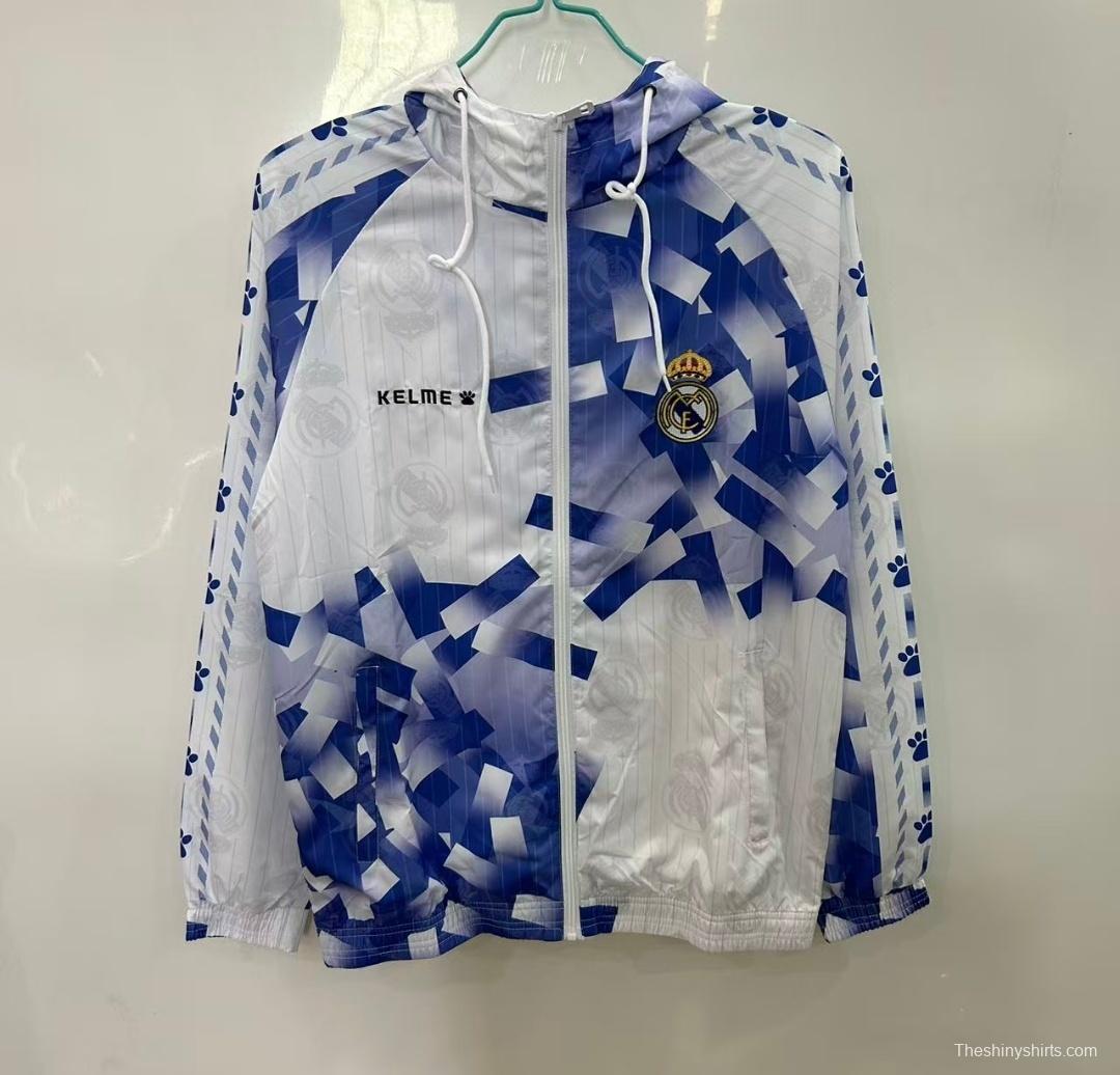 25/26 Real Madrid White with Blue Geometric Pattern Windbreaker