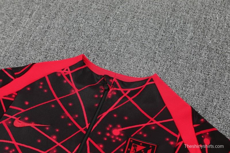 25/26 Atletico Madrid Black with Red Geometric Lines Pattern Half Zipper Jacket Tracksuit +Long Pants
